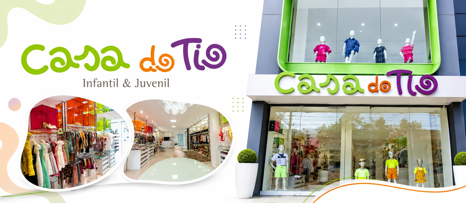 Banner da Casa do Tio em Caruaru: fachada da loja com vitrine de moda infantil e juvenil